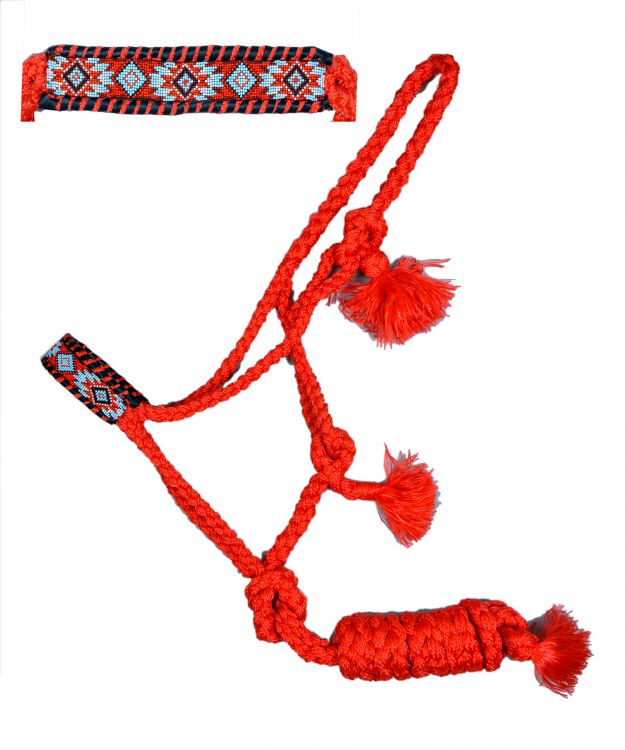 Showman Woven red nylon mule tape halter with beaded noseband