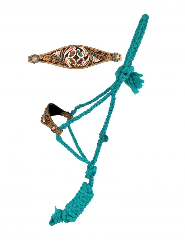Showman Woven teal nylon mule tape halter with painted floral tooled leather noseband