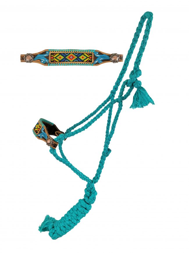 Showman Woven teal nylon mule tape halter with beaded noseband and teal rawhide lacing