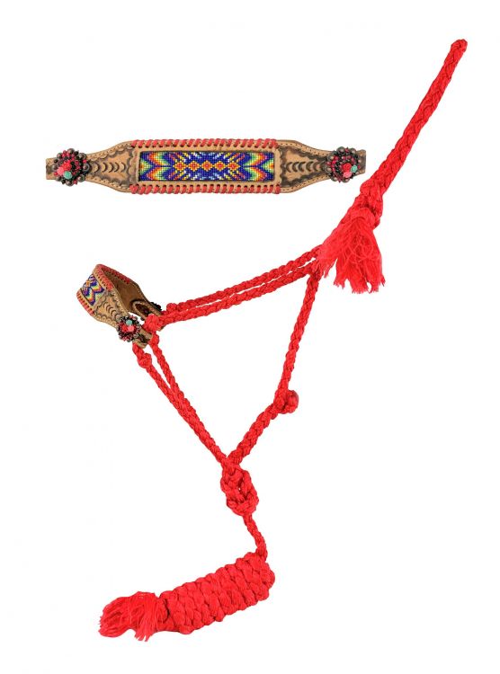 Showman Woven red nylon mule tape halter with beaded noseband and red rawhide lacing