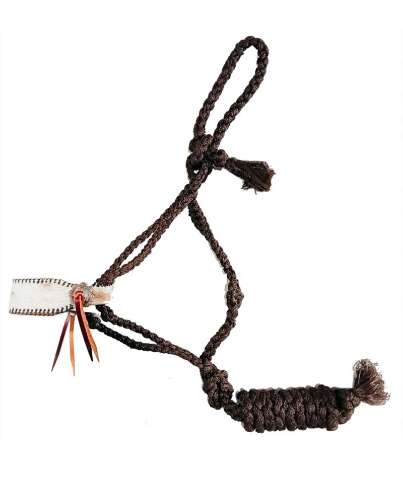 Showman Woven brown nylon mule tape halter with Brown and white hair on cowhide noseband