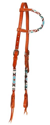 Showman Beaded one ear Argentine Cow Leather headstall - Red and white beads