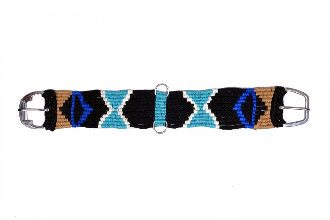Showman Mohair straight string girth with Stainless Steel Roller Buckle with Aztec Design - Black, indigo, tan, and turquoise
