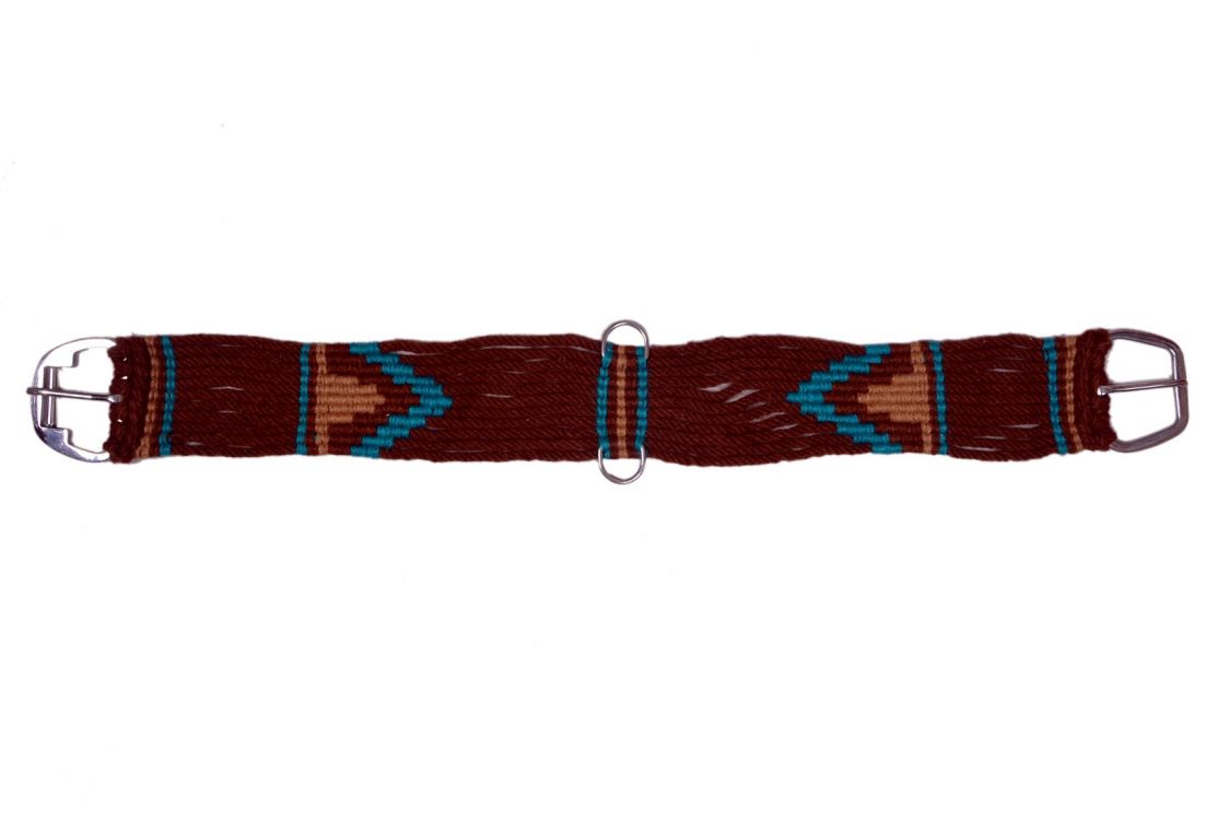 Showman Mohair straight string girth with Stainless Steel Roller Buckle with Aztec Design - brown, tan, and teal