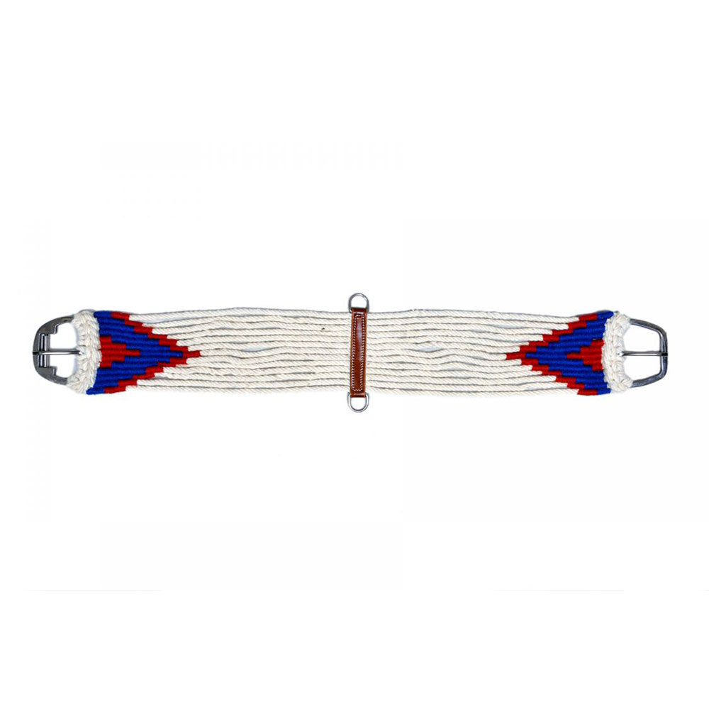 Showman Mohair straight string girth with Stainless Steel Roller Buckle with Aztec Design - white, red, and blue