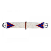 Showman Mohair straight string girth with Stainless Steel Roller Buckle with Aztec Design - white, red, and blue