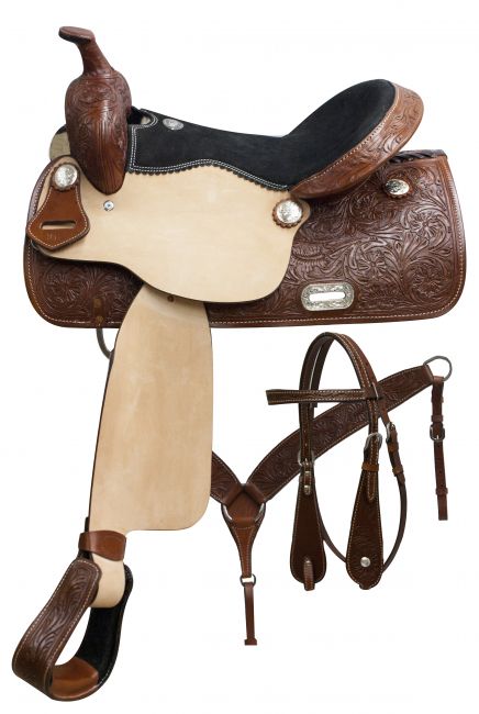 15", 16", 17"Double T pleasure style saddle set with floral tooling