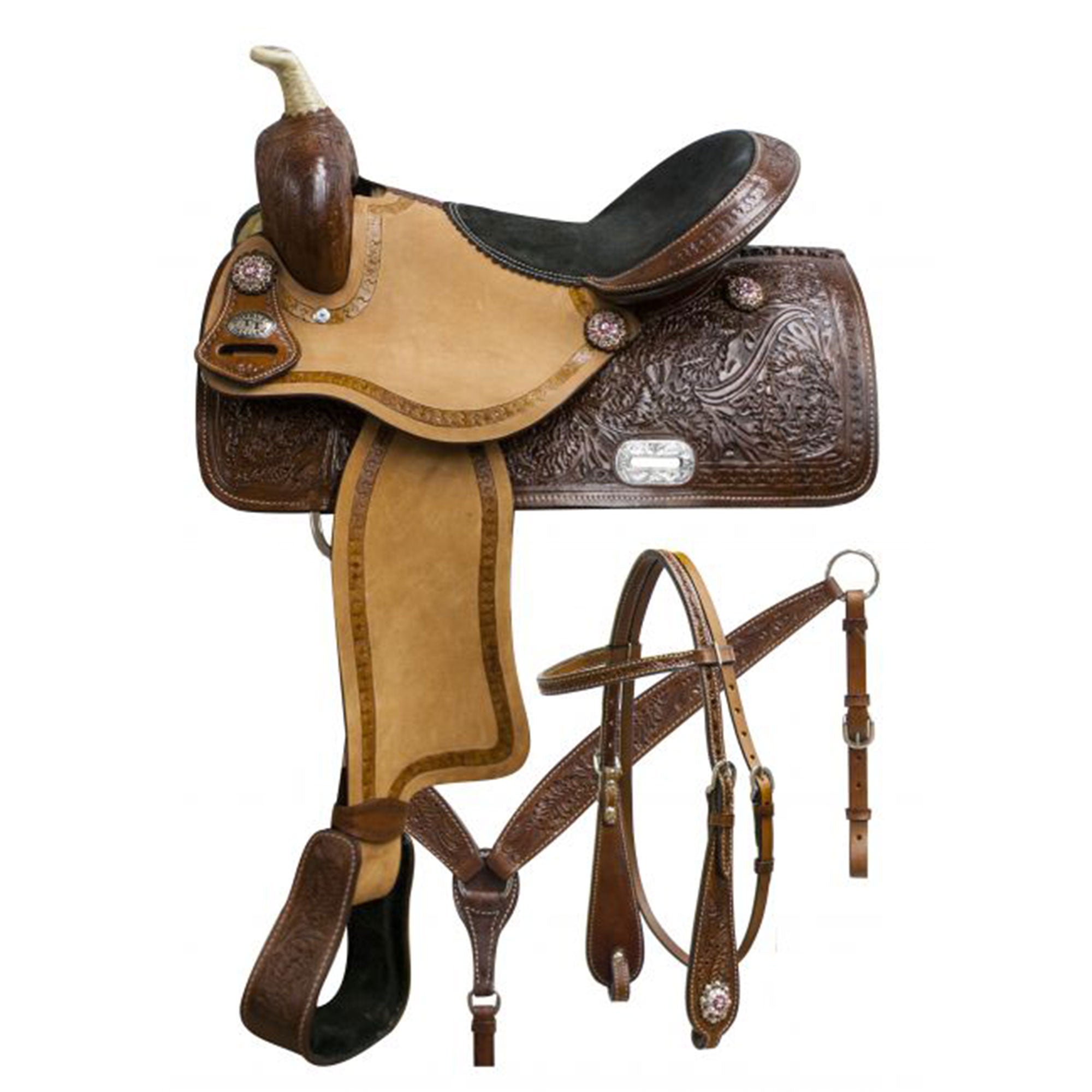 Double T Barrel Saddle Set with Oak Leaf Tooling - 15, 16 Inch