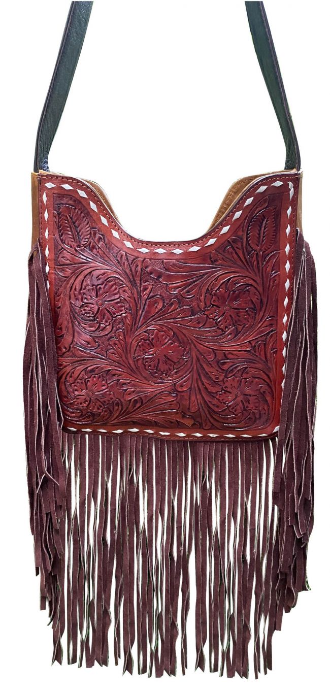 Klassy Cowgirl Medium Brown Floral Tooled Crossbody Bag with brown suede fringe