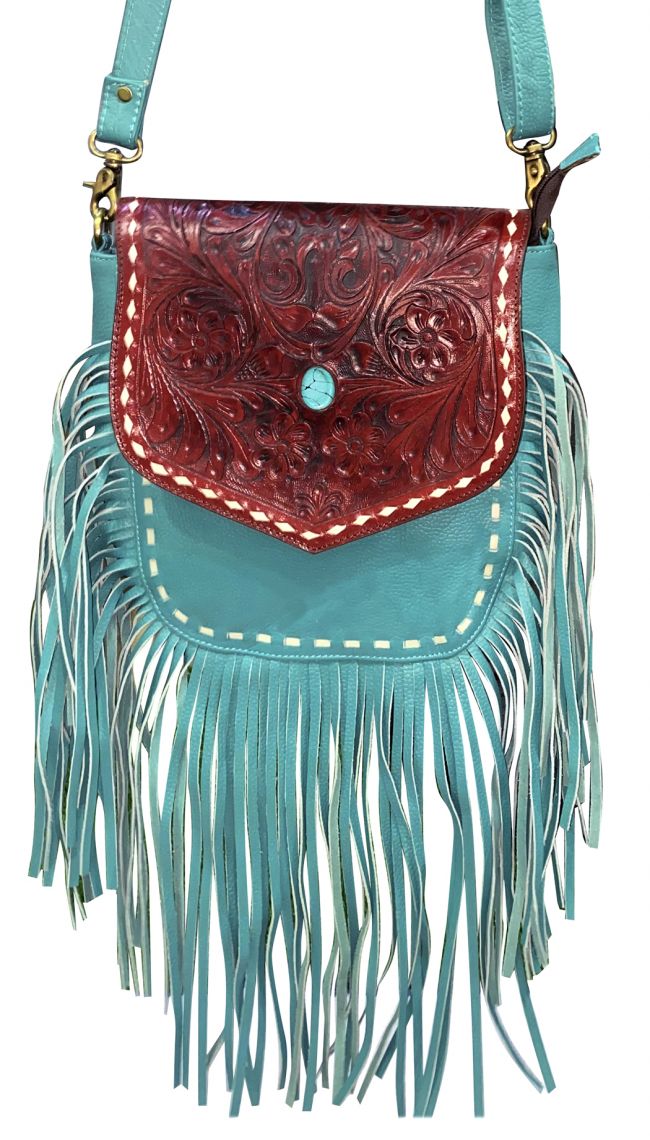 Klassy Cowgirl Teal Crossbody Bag with floral tooled flap and fringe