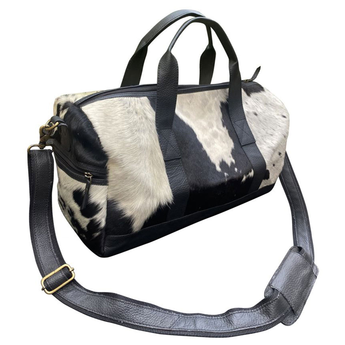 Klassy Cowgirl White and Black hair on cowhide overnighter Duffle Bag