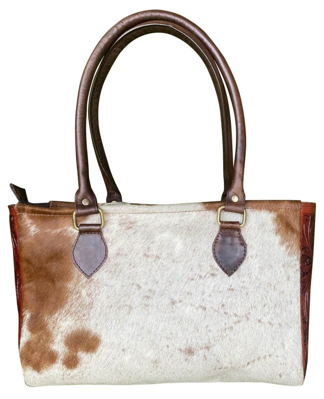Klassy Cowgirl Brown & White Hair on Cowhide Shoulder Bag with leather tooled sides