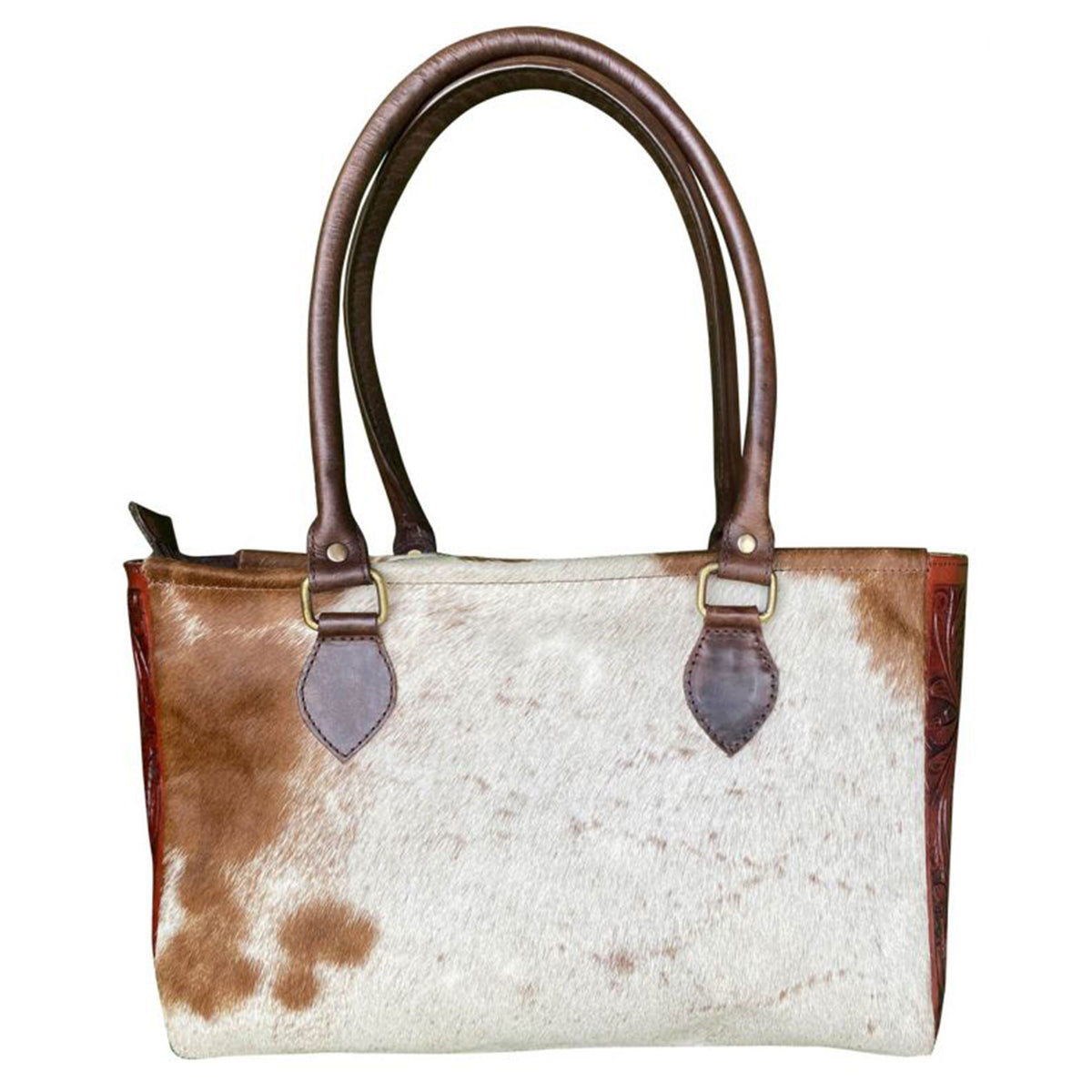 Klassy Cowgirl Brown  White Hair on Cowhide Shoulder Bag with Leather Tooled Sides