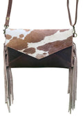 Klassy Cowgirl Dark Leather Crossbody Bag with Brown and White hair on cowhide