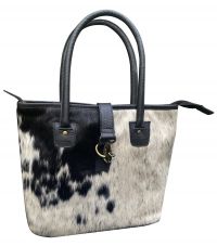 Klassy Cowgirl Black  White Hair on Cowhide Shoulder Bag with zipper closure top