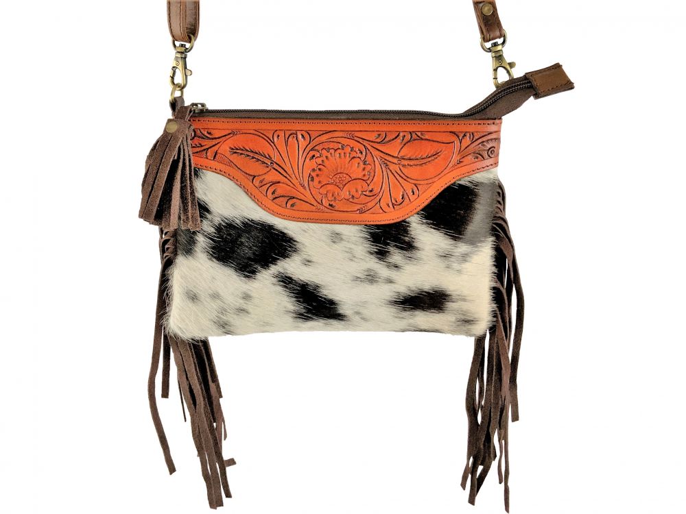 Klassy Cowgirl Black  White Leather Crossbody Bag with hair on cowhide and brown suede fringe