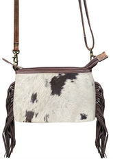 Klassy Cowgirl Brown & White Leather Crossbody Bag with hair on cowhide and brown suede fringe