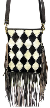 Klassy Cowgirl Leather Crossbody Bag with diamond pattern hair on cowhide and fringe