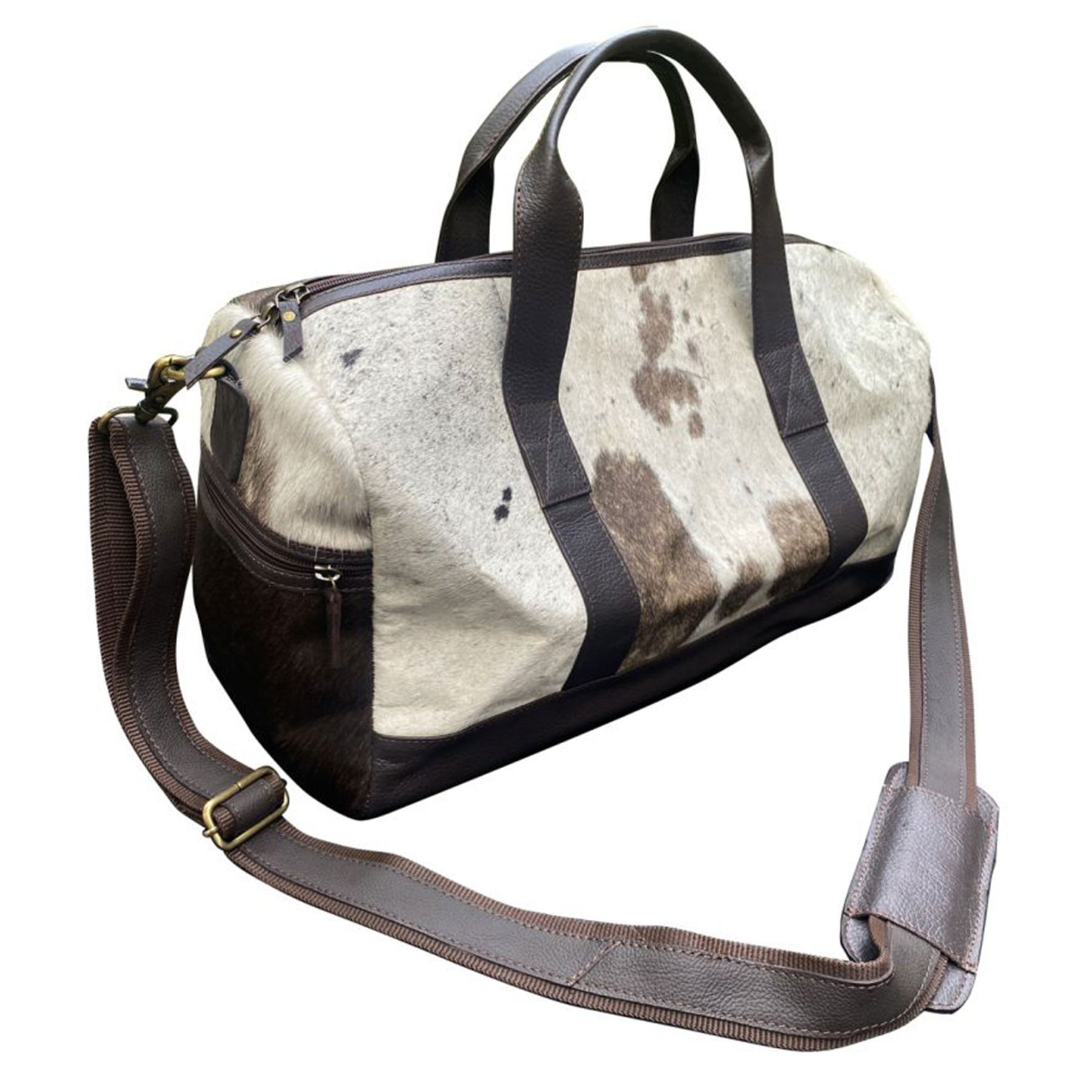 Klassy Cowgirl Hair on Cowhide cream and Brown Duffle Bag