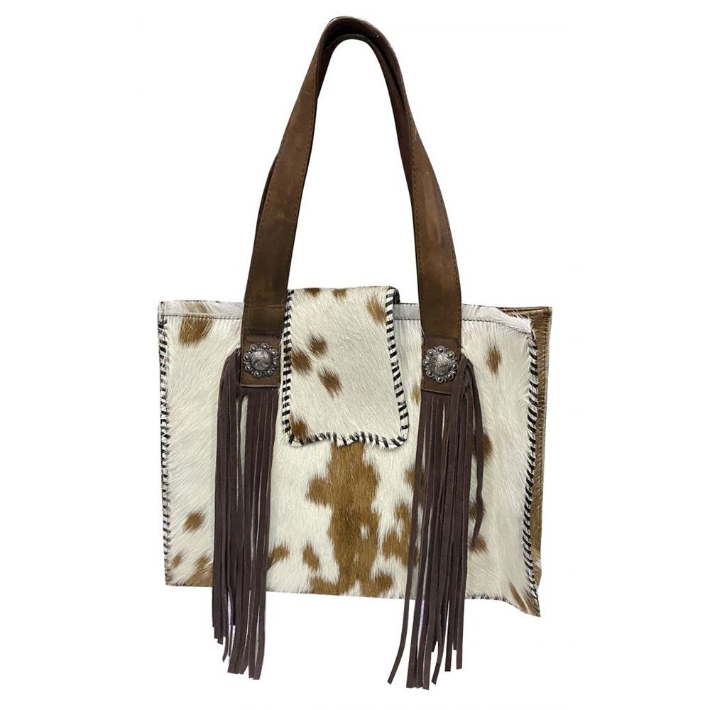 Klassy Cowgirl Brown  White Hair on Cowhide Shoulder Bag with Suede Fringe