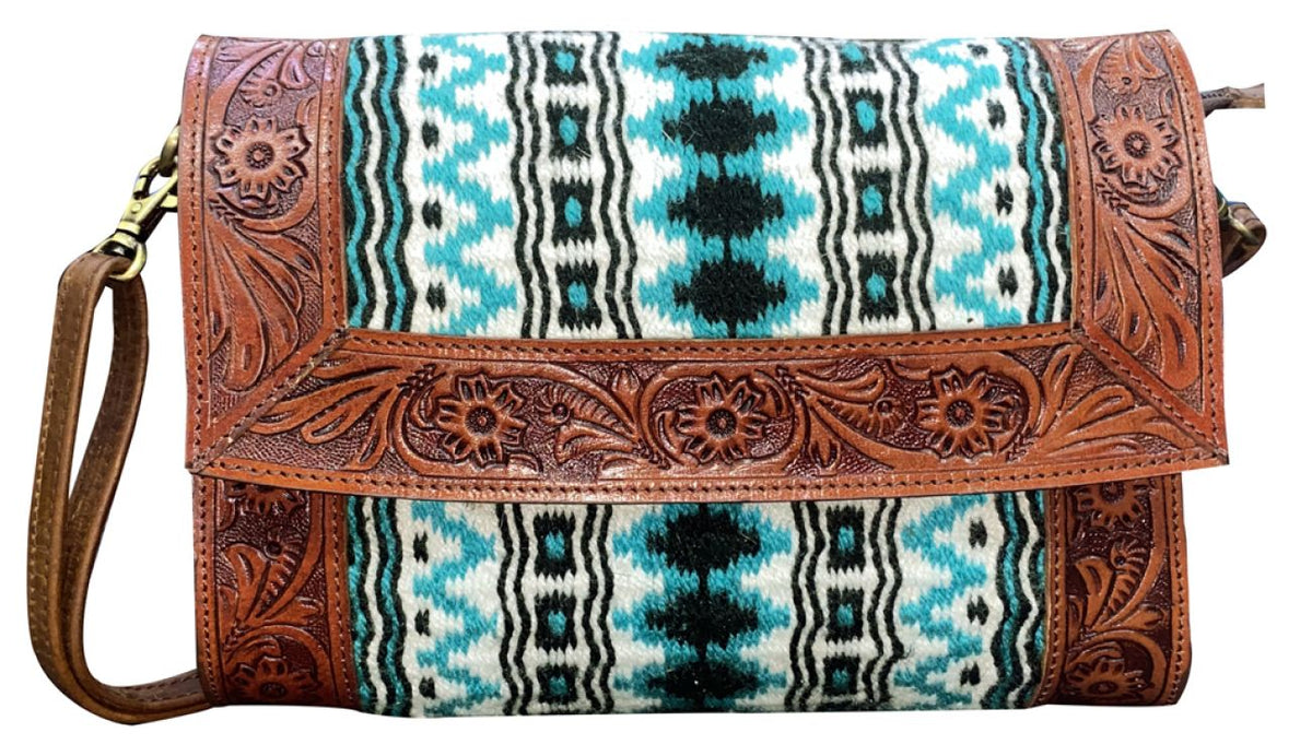 Klassy Cowgirl Tooled Leather and Wool Saddle Blanket Purse - white and blue