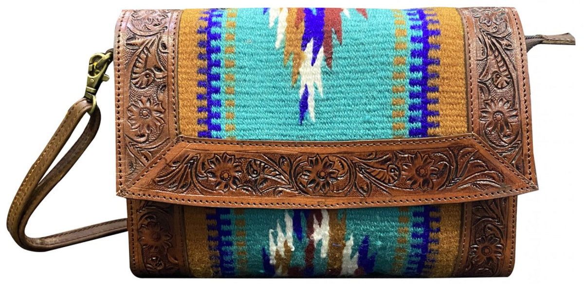 Klassy Cowgirl Tooled Leather and Wool Saddle Blanket Purse - teal
