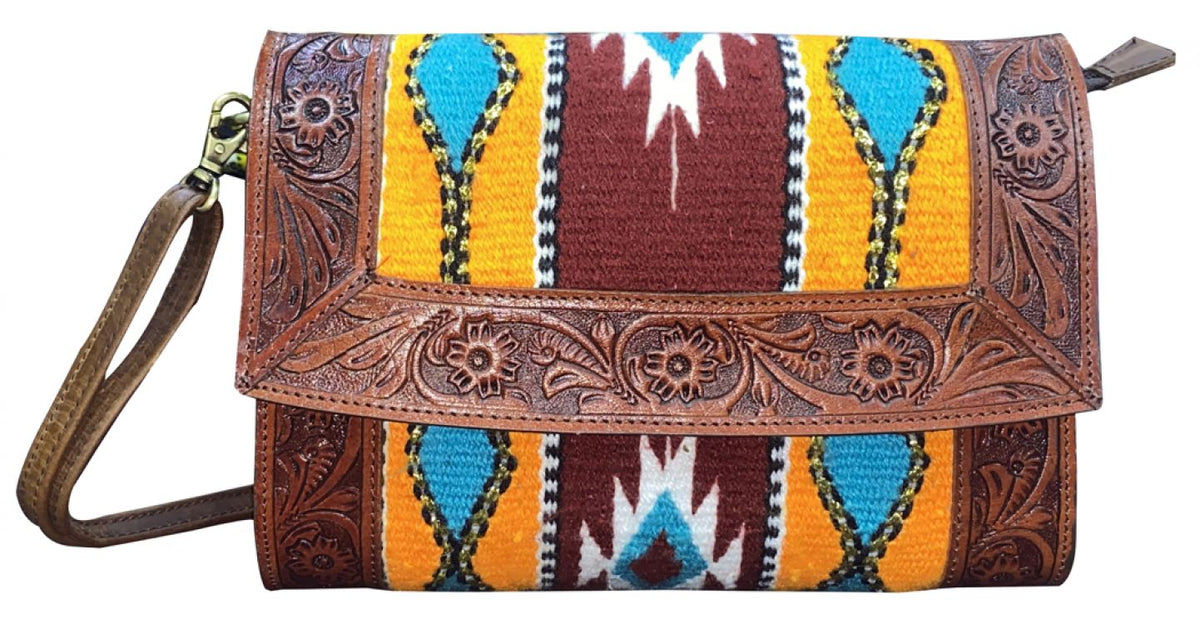 Klassy Cowgirl Tooled Leather and Wool Saddle Blanket Purse - yellow and red