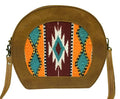 Klassy Cowgirl Medium Leather round Crossbody Bag with navaho rug inlay