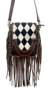 Klassy Cowgirl Leather Conceal Carry Crossbody Bag with diamond pattern hair on cowhide and fringe