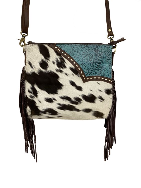 Klassy Cowgirl Genuine Hair-on Cowhide Leather Fringe Tooled Crossbody Bag