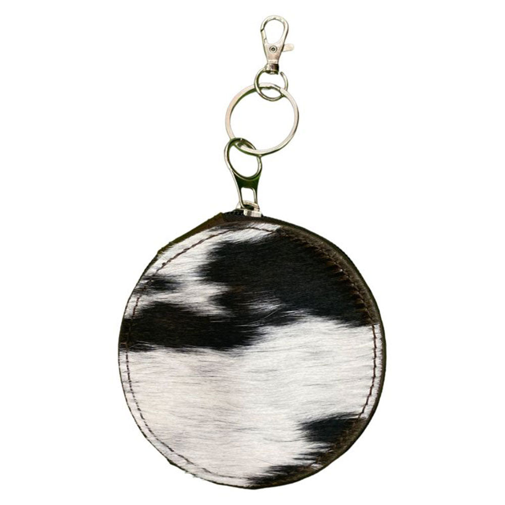 Black  White Hair on Cowhide Round Clip Key-chain Wallet Pouch