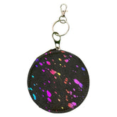 Rainbow Acid Wash Hair on Cowhide Round Clip Key-chain Wallet Pouch