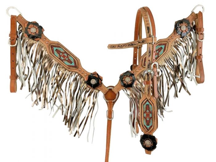 Showman Painted 3D Flower  Aztec Beaded Browband Headstall and Breast collar Set with Fringe