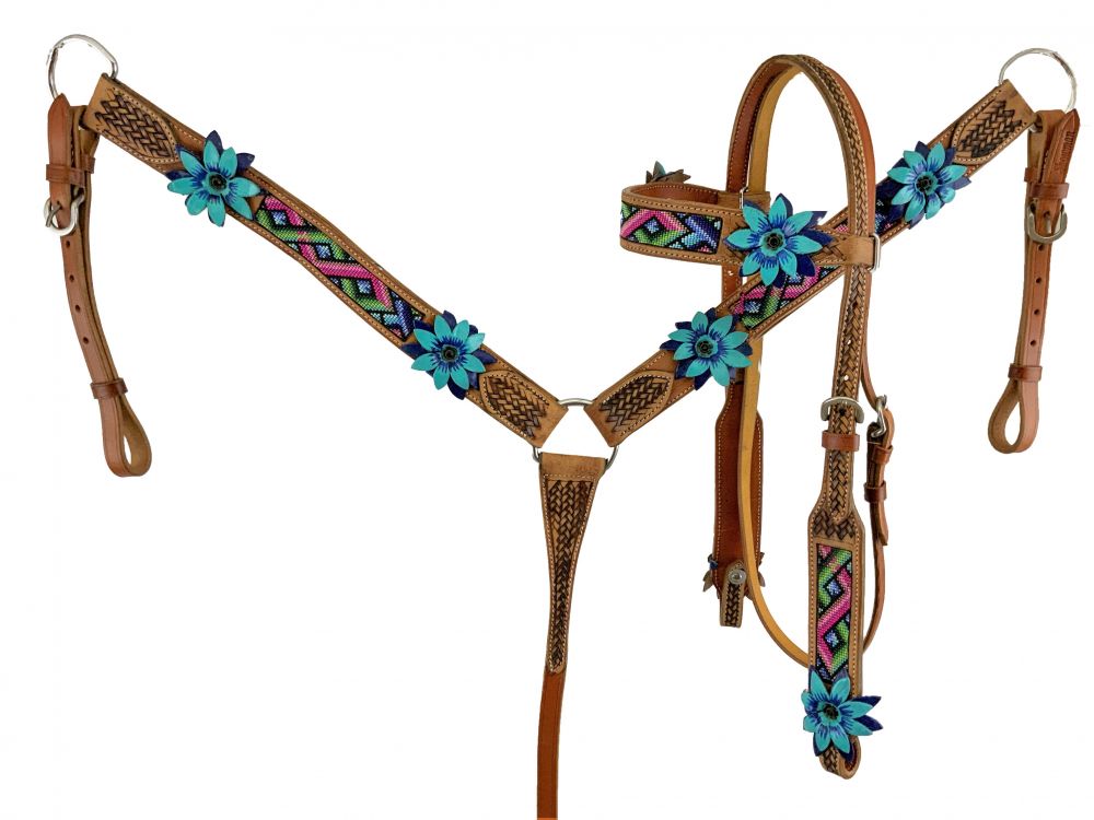 Showman Aztec beaded Headstall and Breast collar Set with 3D leather painted flower accents