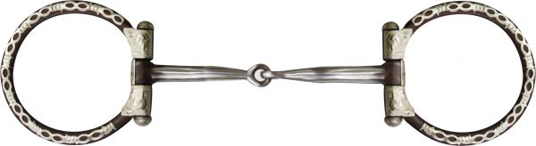 Showman Brown steel snaffle style bit with barbwire silver trim on 3