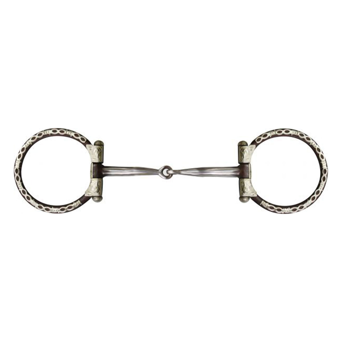 Showman Brown steel snaffle style bit with barbwire silver trim on 3