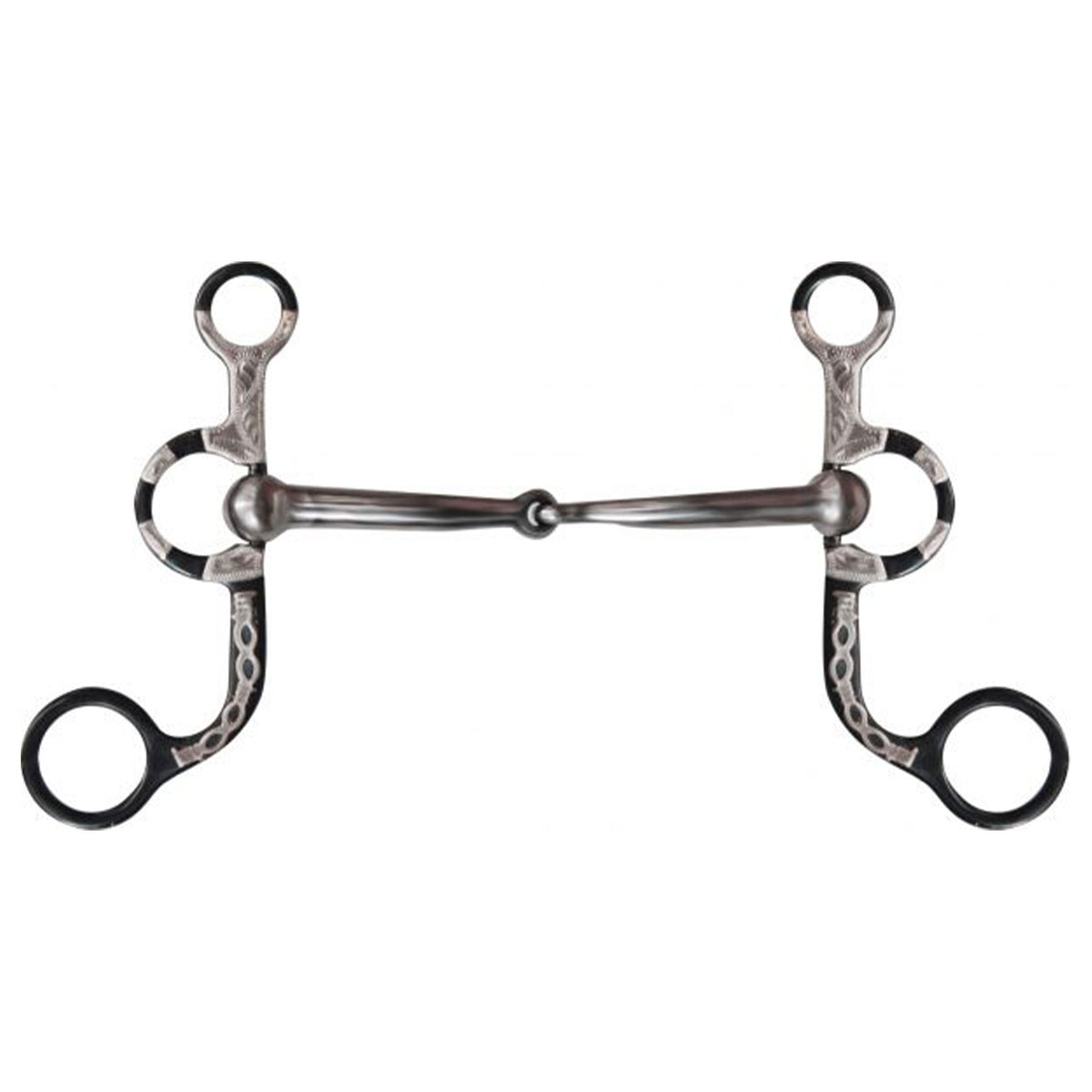 Showman black steel argentine style bit with engraved silver and barbwire accents on the 5