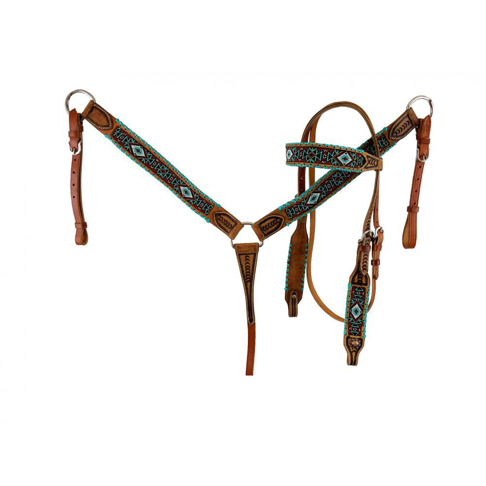 Showman Beaded Browband Headstall and Breastcollar Set with Rawhide Lacing