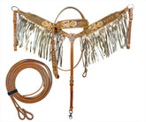 Showman Gold Fringe tooled leather Headstall and Breast collar set with floral tool painted accents, & beaded conchos