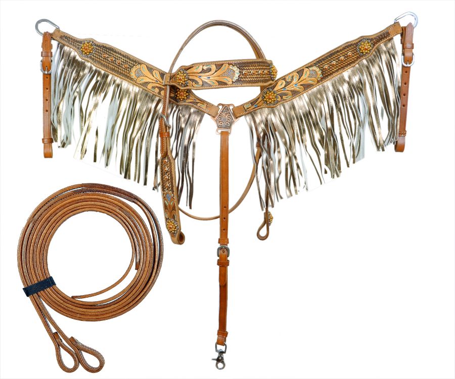 Showman Gold Fringe tooled leather Headstall and Breast collar set with floral tool painted accents, & beaded conchos