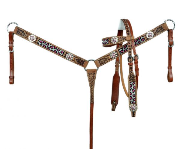 Showman Browband beaded pink Cheetah Headstall and Breast collar Set with pink conchos, and a two tone light rough out and medium oil leather