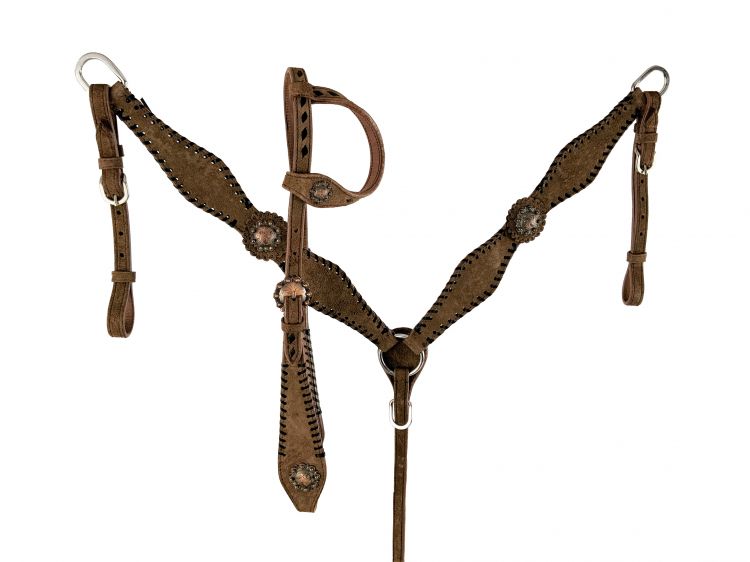 Showman One Ear Chocolate Rough Out Headstall and Breast Collar Set with lacing