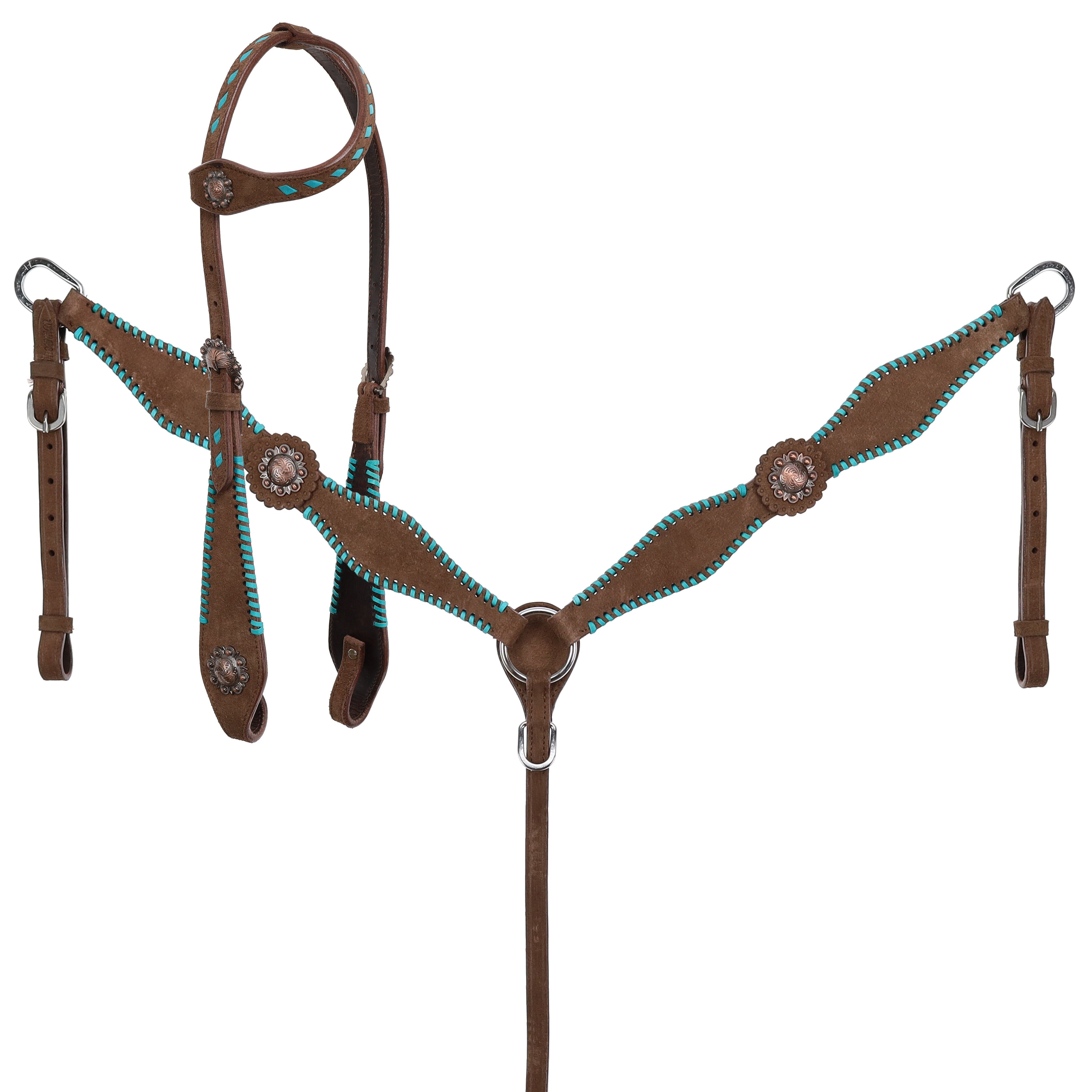 Showman One Ear Chocolate Roughout One Ear Headstall and Breastcollar Set with Teal Lacing