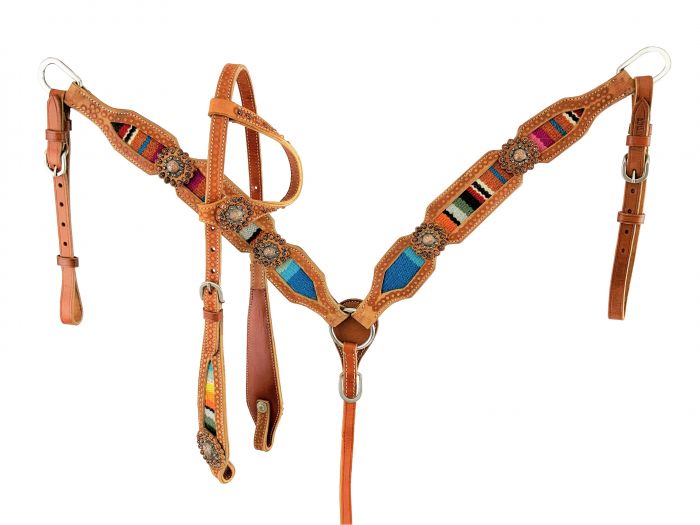 Showman Browband Headstall  Breast collar set with wool serape saddle blanket inlay