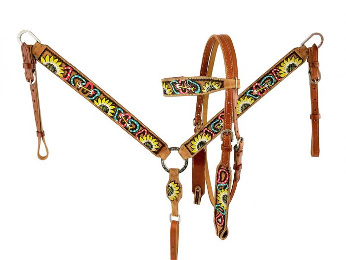 Showman Medium Oil Painted Sunflower Browband Headstall & Breast Collar Set with arrow and paisley design