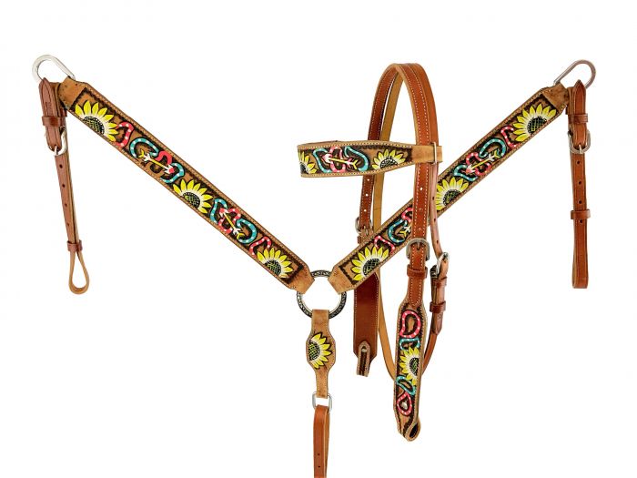 Showman Medium Oil Painted Sunflower Browband Headstall  Breast Collar Set with arrow and paisley design