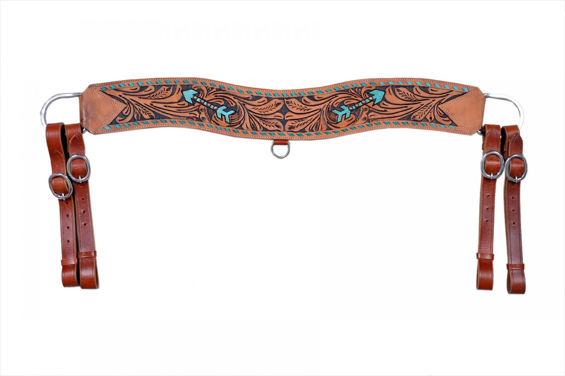 Showman Floral tooled leather tripping collar with teal buckstitch and arrow design