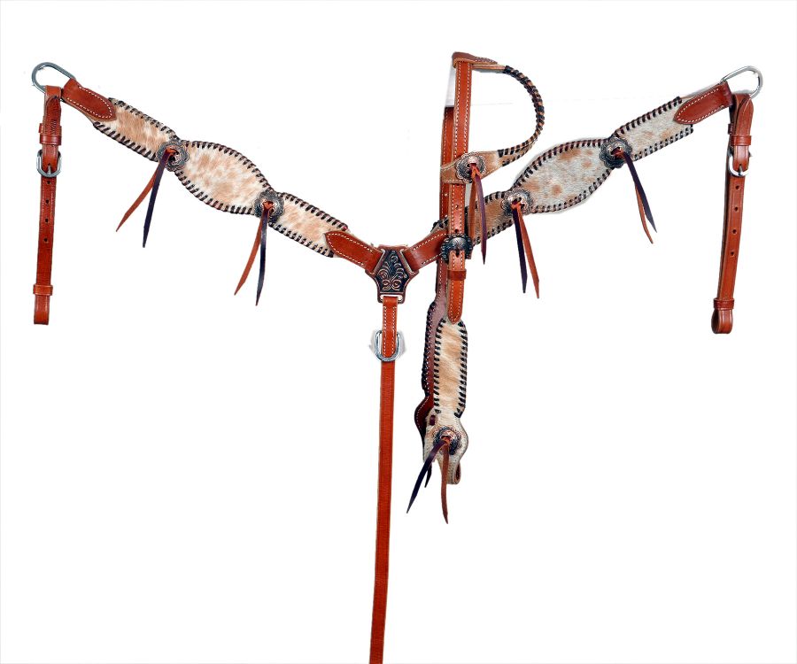 Showman Cowhide inlay one eared headstall and breast collar set with black rawhide lacing