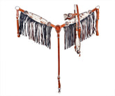 Showman Cowhide inlay browband headstall and breast collar set with fringe & copper conchos