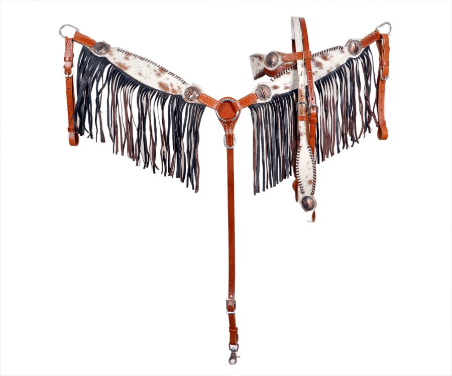 Showman Cowhide inlay browband headstall and breast collar set with fringe  copper conchos